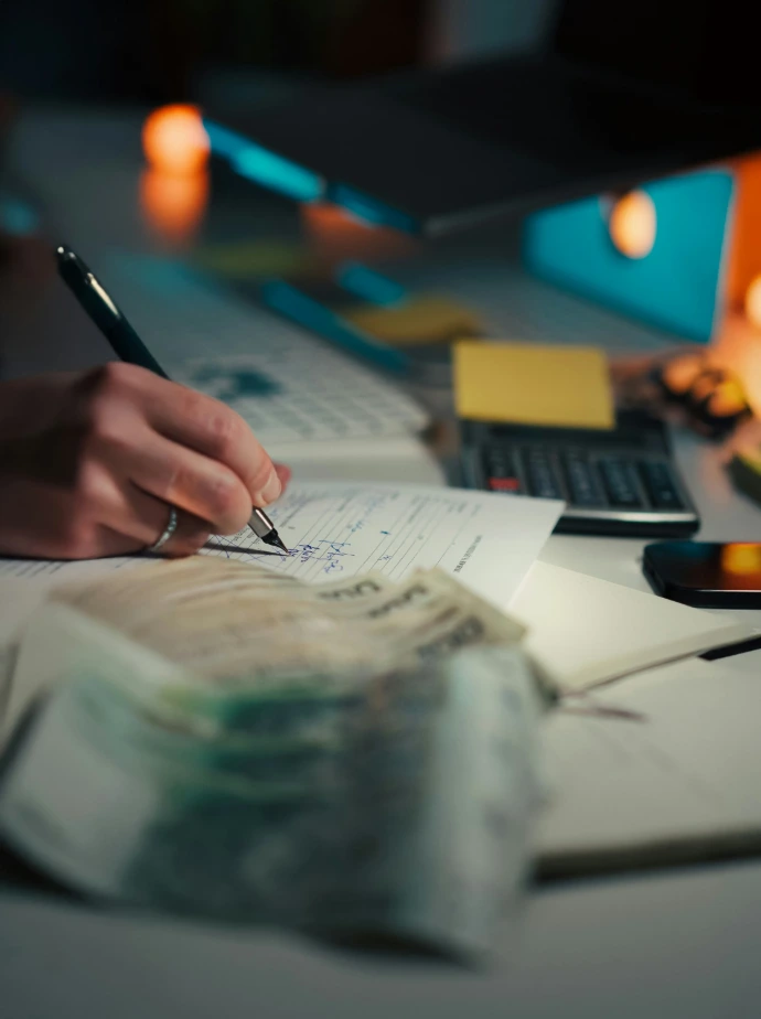 Main remplissant une déclaration de TVA à côté d'une calculatrice, préparation des déclarations fiscales de l'entreprise
